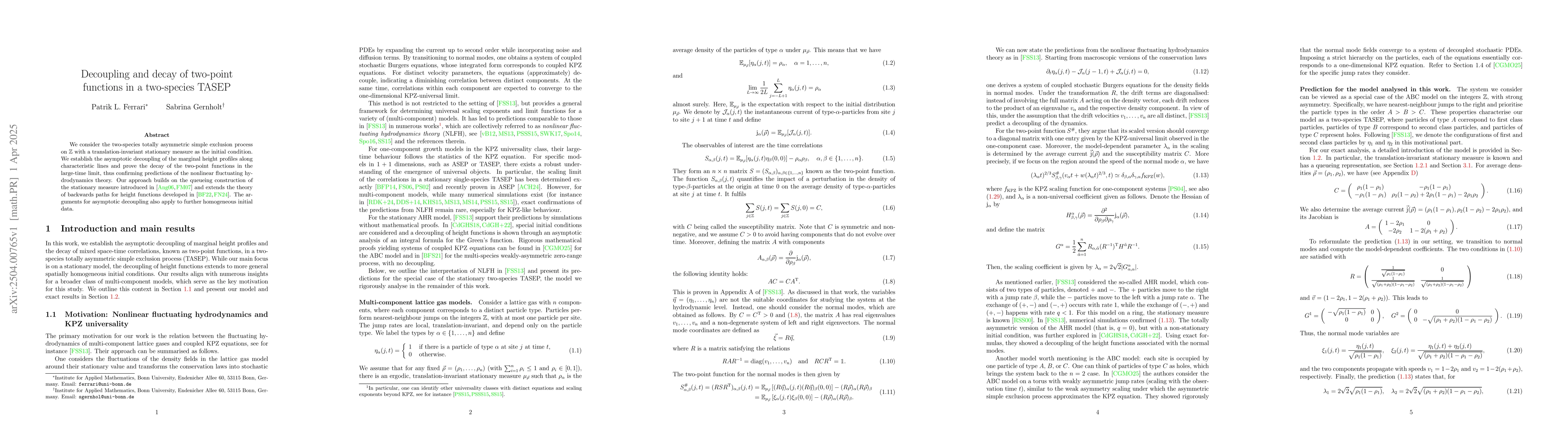 Thumbnail for Decoupling and decay of two-point functions in a two-species TASEP