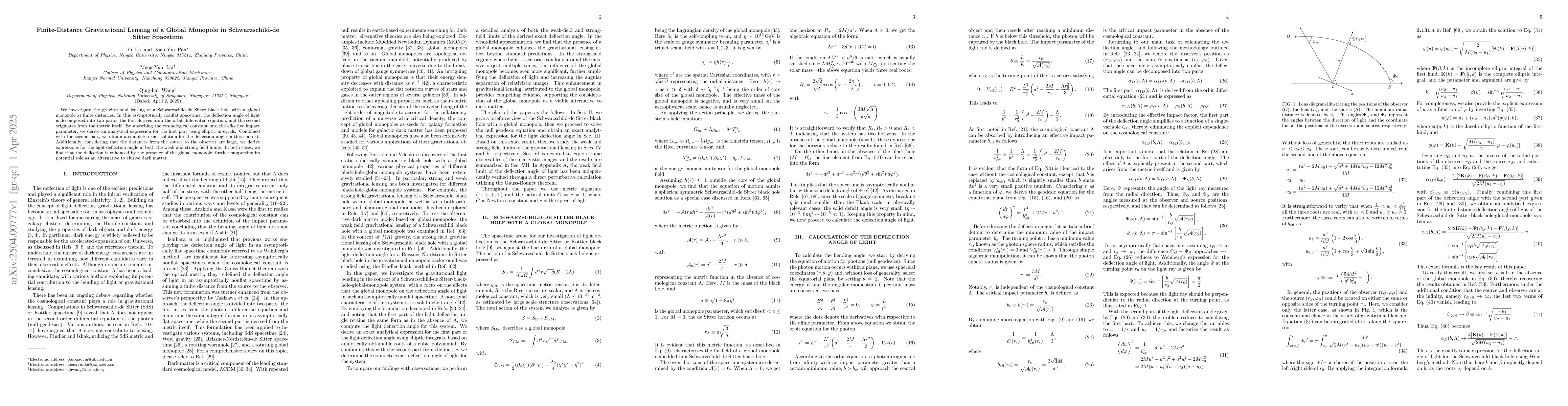 Thumbnail for Finite-Distance Gravitational Lensing of a Global Monopole in
  Schwarzschild-de Sitter Spacetime