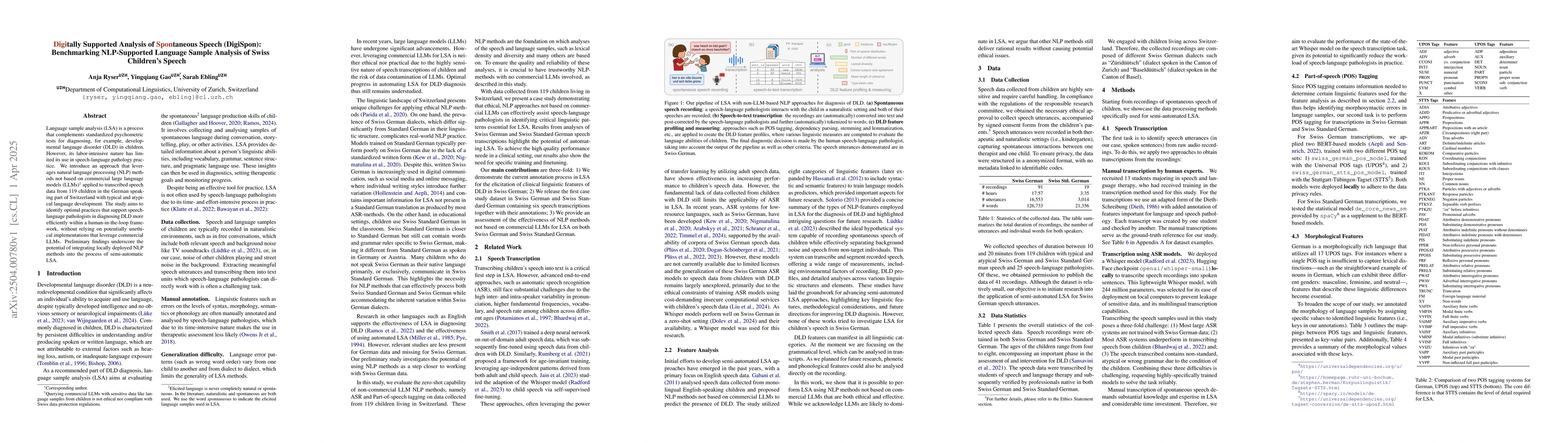 Thumbnail for Digitally Supported Analysis of Spontaneous Speech (DigiSpon):
  Benchmarking NLP-Supported Language Sample Analysis of Swiss Children's
  Speech