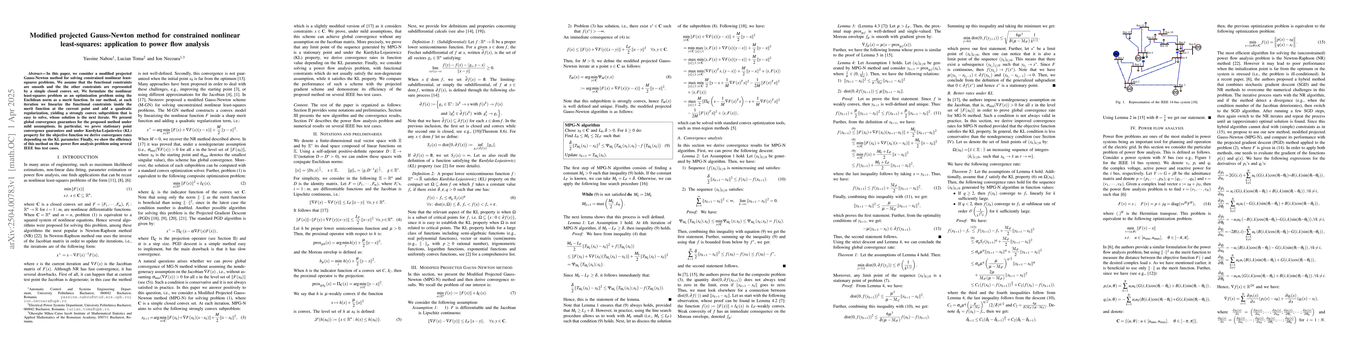 Thumbnail for Modified projected Gauss-Newton method for constrained nonlinear
  least-squares: application to power flow analysis