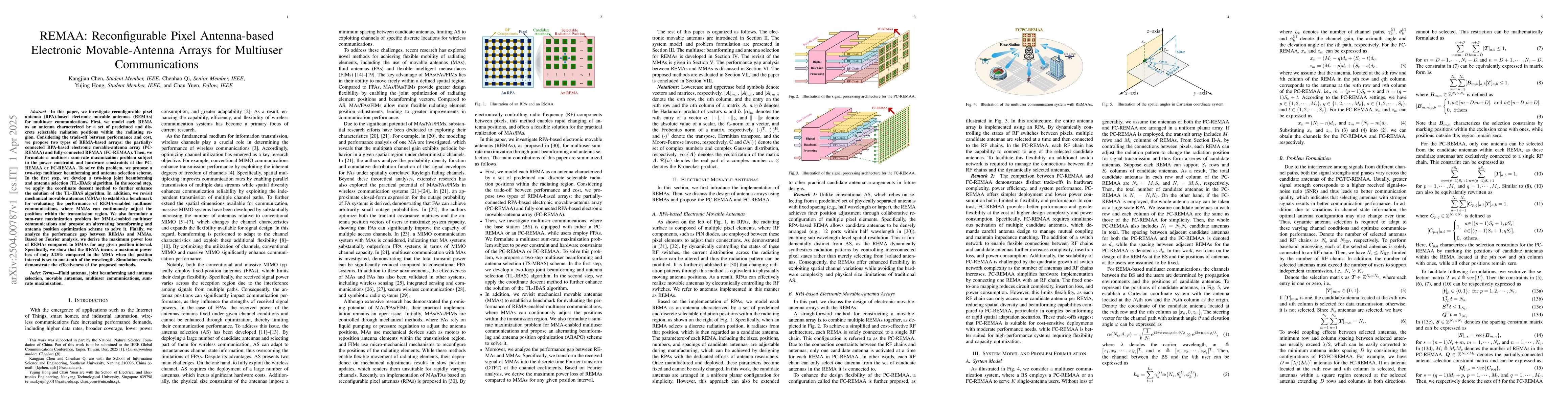 Thumbnail for REMAA: Reconfigurable Pixel Antenna-based Electronic Movable-Antenna
  Arrays for Multiuser Communications