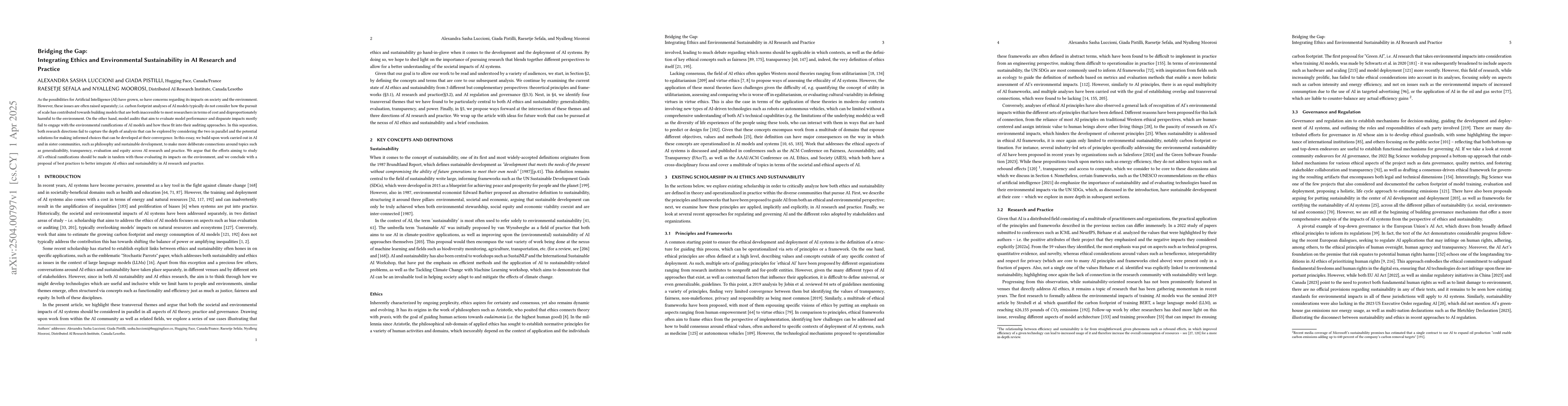 Thumbnail for Bridging the Gap: Integrating Ethics and Environmental Sustainability in
  AI Research and Practice