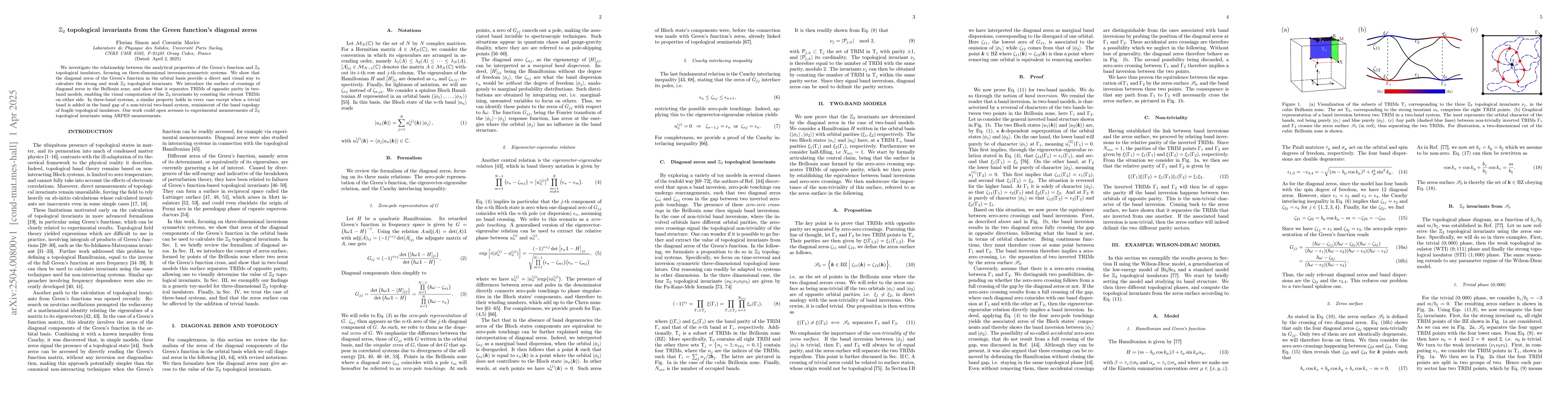 Thumbnail for $\mathbb{Z}_2$ topological invariants from the Green's function diagonal
  zeros