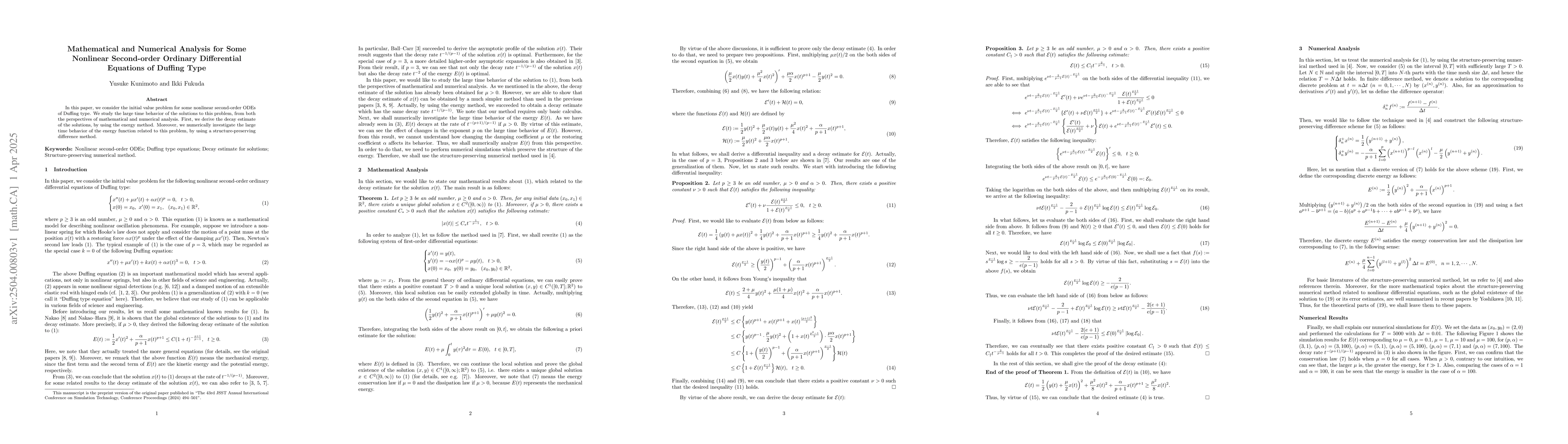 Thumbnail for Mathematical and numerical analysis for some nonlinear second-order
  ordinary differential equations of Duffing type