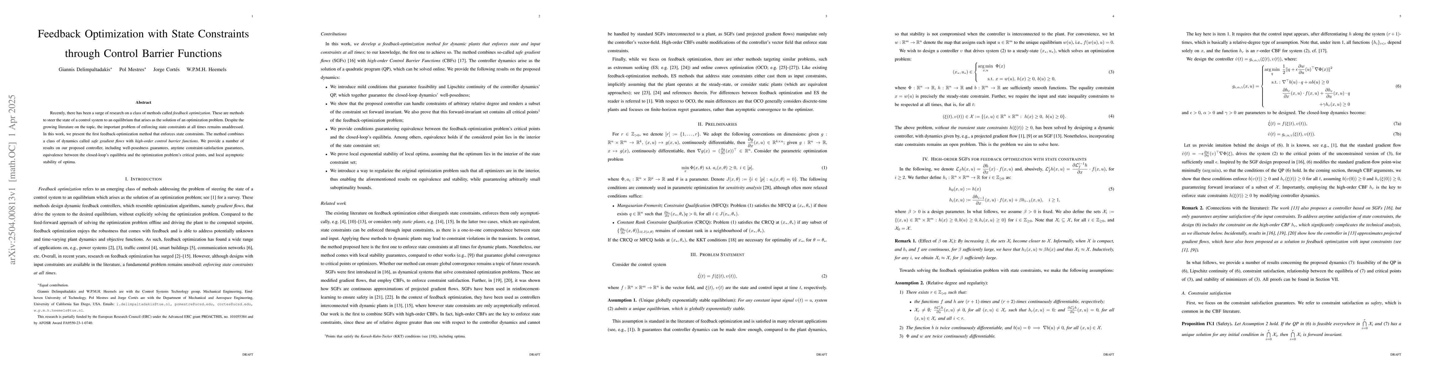 Thumbnail for Feedback Optimization with State Constraints through Control Barrier
  Functions