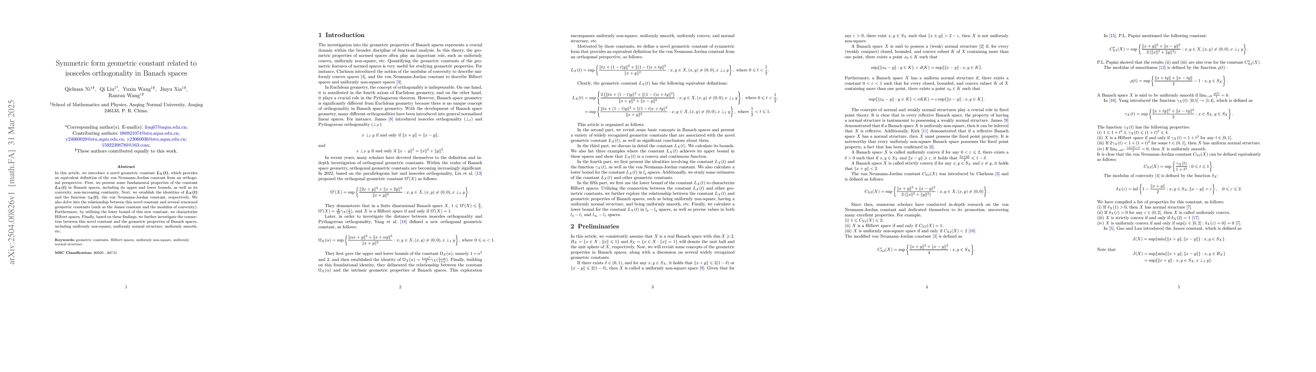 Thumbnail for Symmetric form geometric constant related to isosceles orthogonality in
  Banach spaces