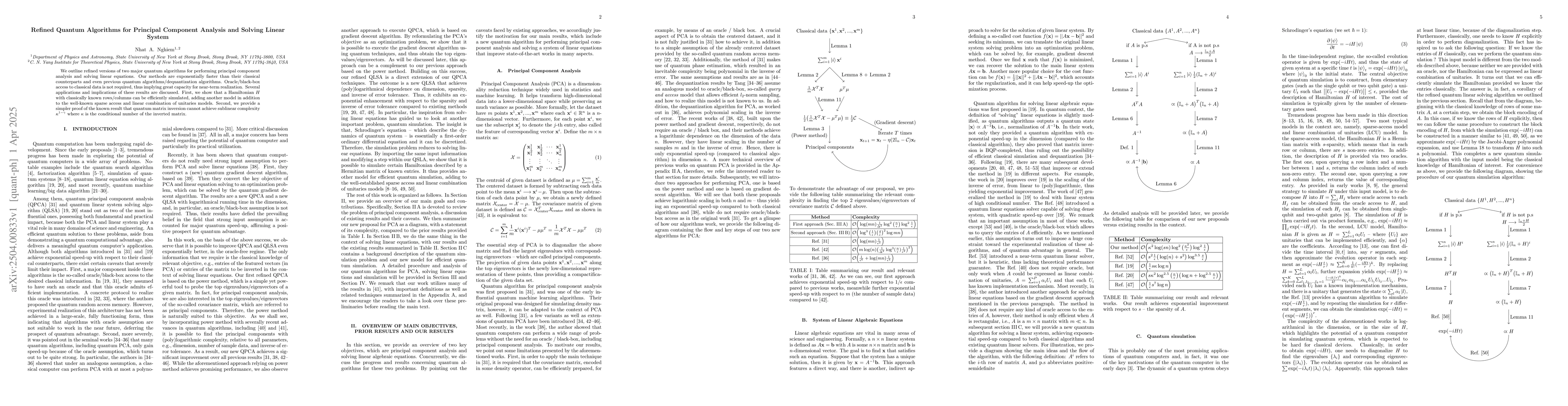 Thumbnail for Refined Quantum Algorithms for Principal Component Analysis and Solving
  Linear System