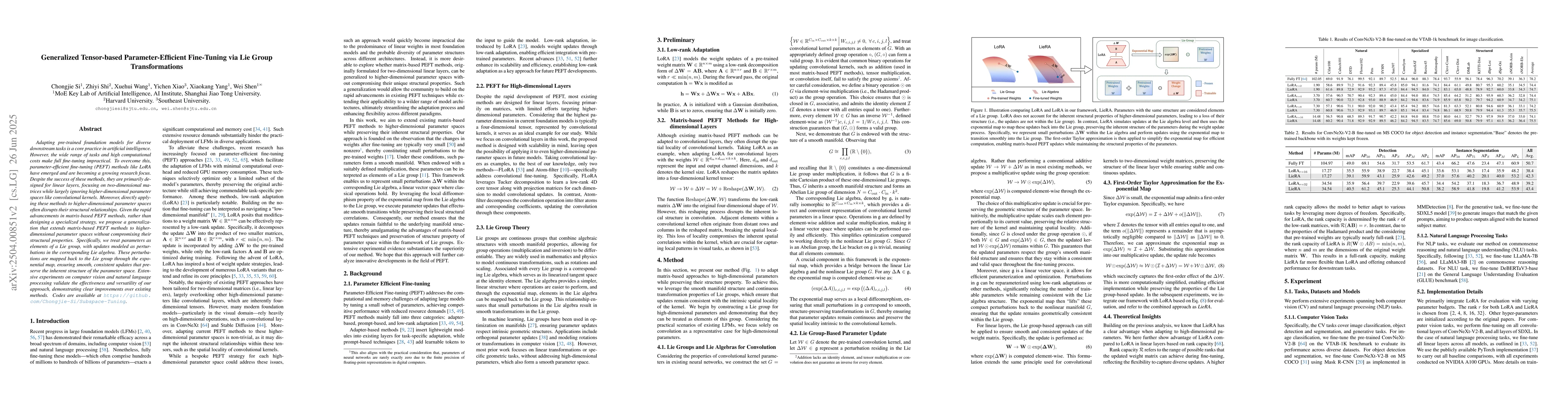Thumbnail for Generalized Tensor-based Parameter-Efficient Fine-Tuning via Lie Group
  Transformations