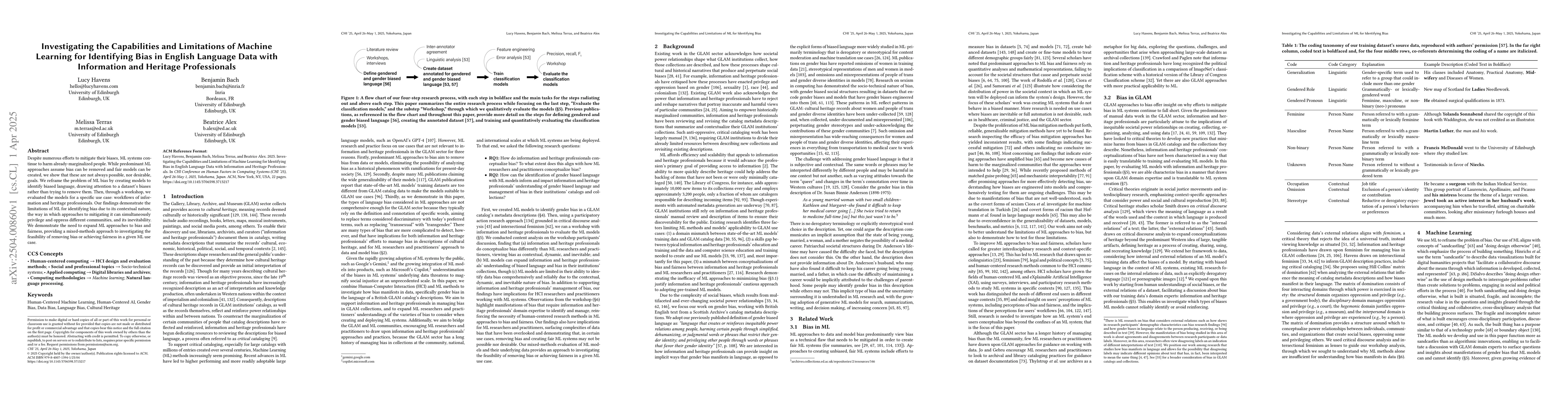 Thumbnail for Investigating the Capabilities and Limitations of Machine Learning for
  Identifying Bias in English Language Data with Information and Heritage
  Professionals
