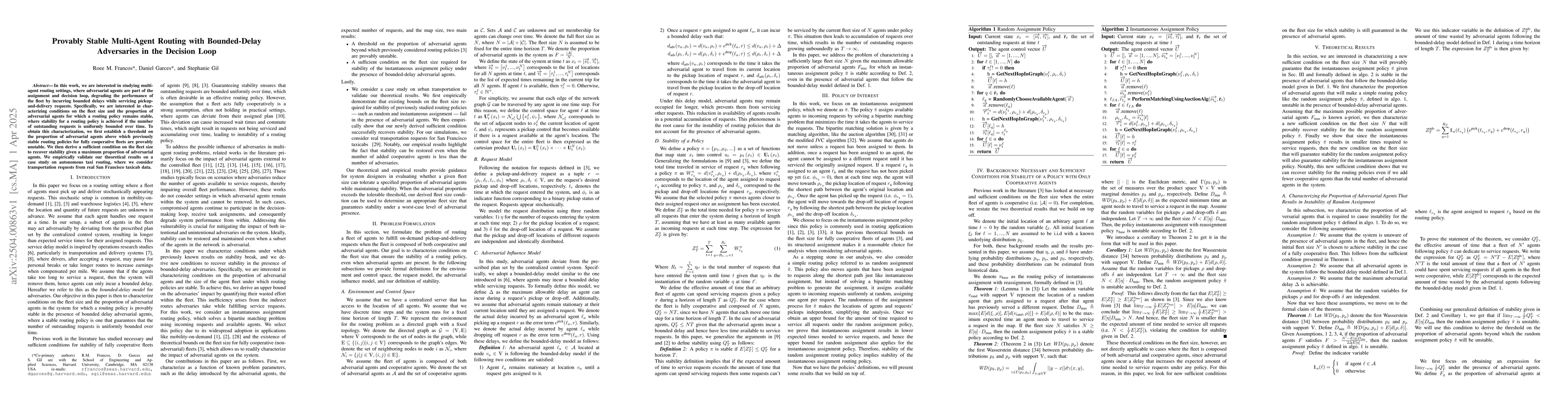 Thumbnail for Provably Stable Multi-Agent Routing with Bounded-Delay Adversaries in
  the Decision Loop