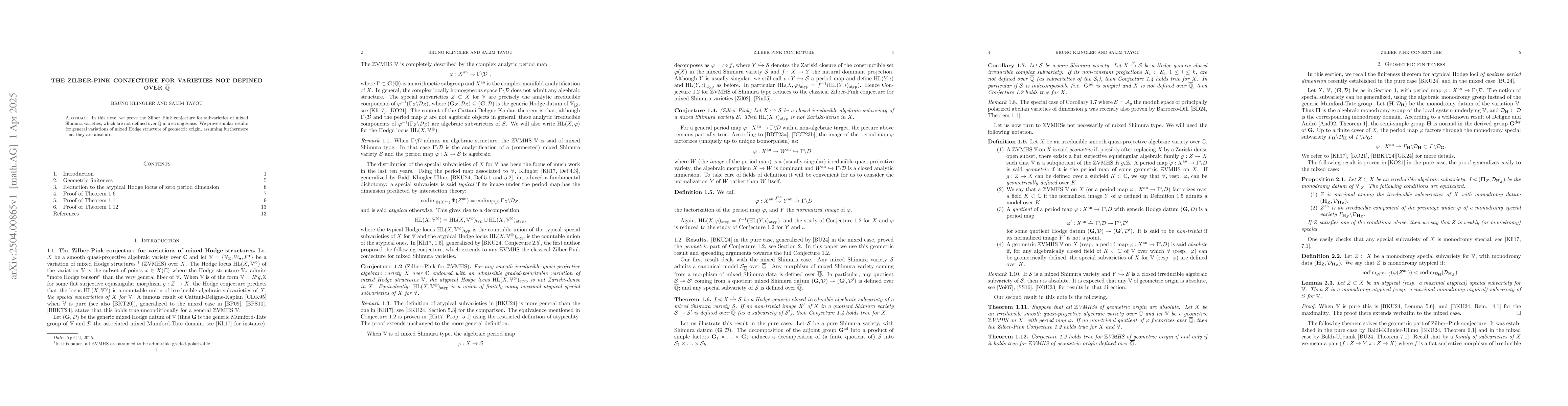 Thumbnail for The Zilber-Pink conjecture for varieties not defined over
  $\overline{\mathbb Q}$
