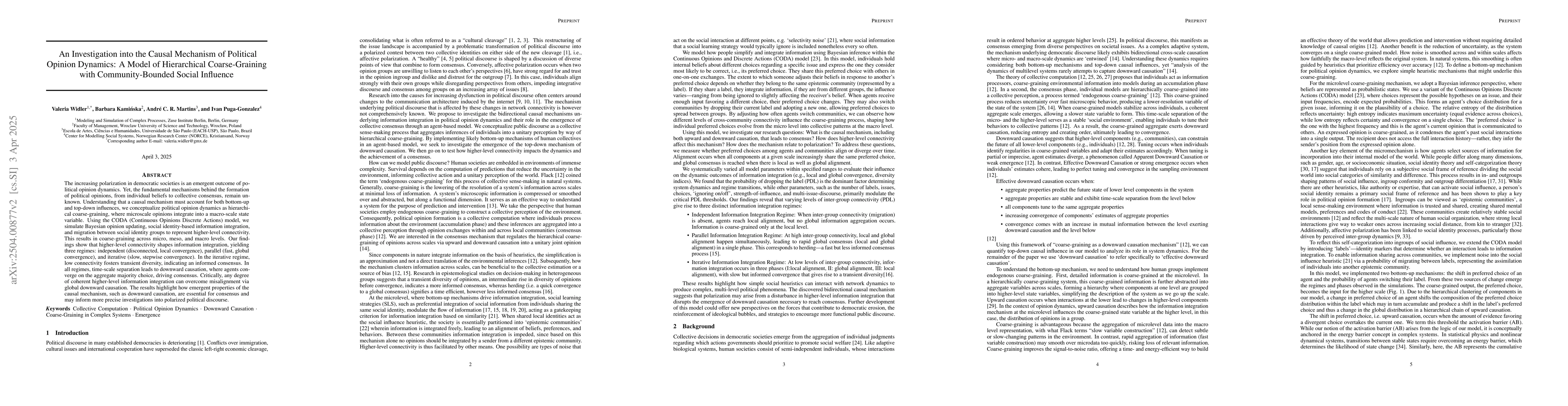 Thumbnail for An Investigation into the Causal Mechanism of Political Opinion
  Dynamics: A Model of Hierarchical Coarse-Graining with Community-Bounded
  Social Influence