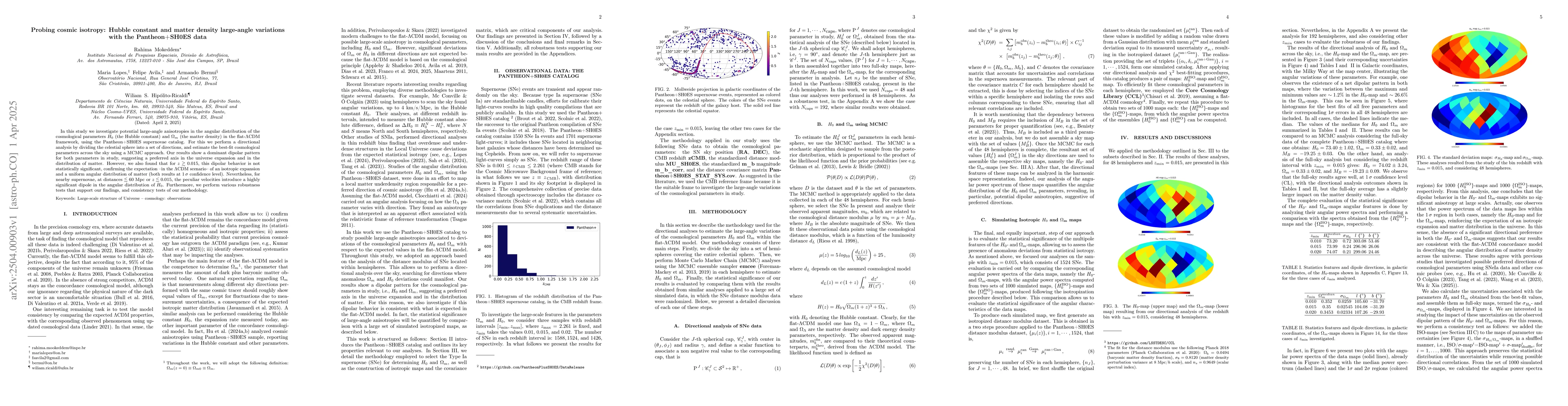 Thumbnail for Probing cosmic isotropy: Hubble constant and matter density large-angle
  variations with the Pantheon+SH0ES data
