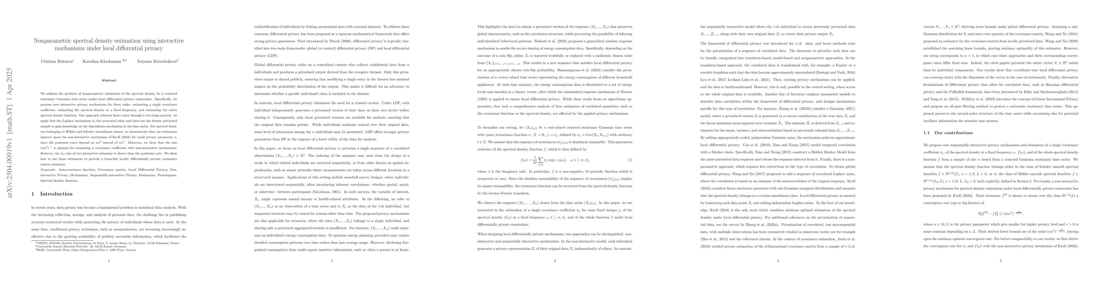 Thumbnail for Nonparametric spectral density estimation using interactive mechanisms
  under local differential privacy