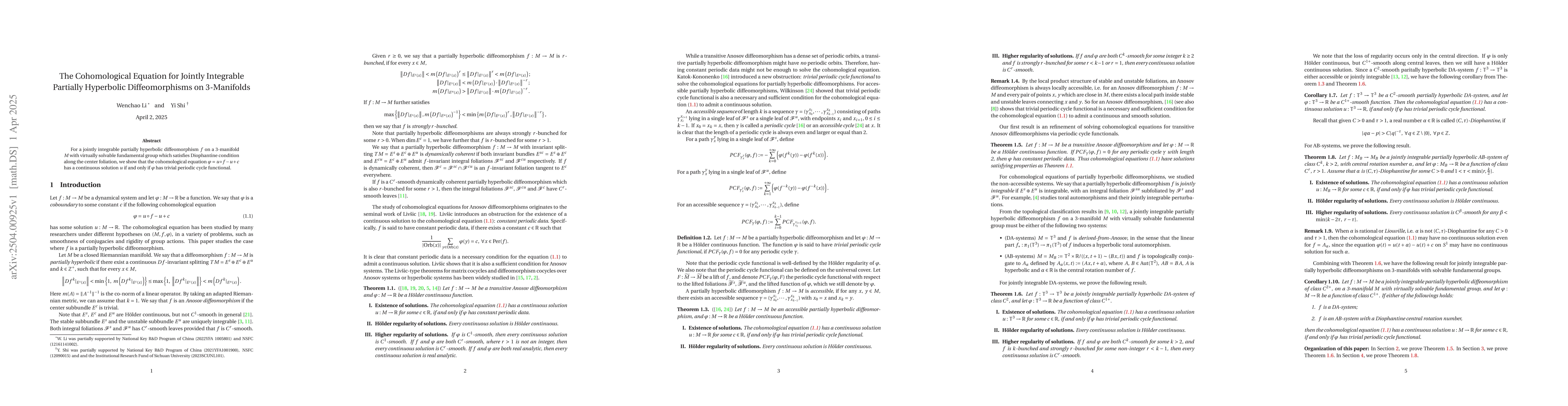 Thumbnail for The Cohomological Equation for Jointly Integrable Partially Hyperbolic
  Diffeomorphisms on 3-Manifolds