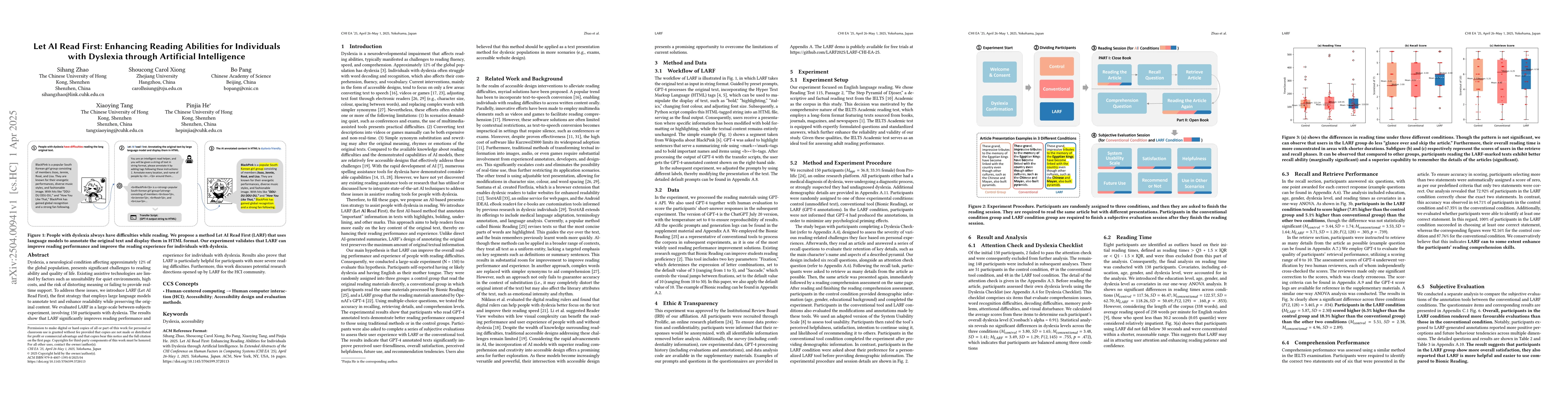 Thumbnail for Let AI Read First: Enhancing Reading Abilities for Individuals with
  Dyslexia through Artificial Intelligence