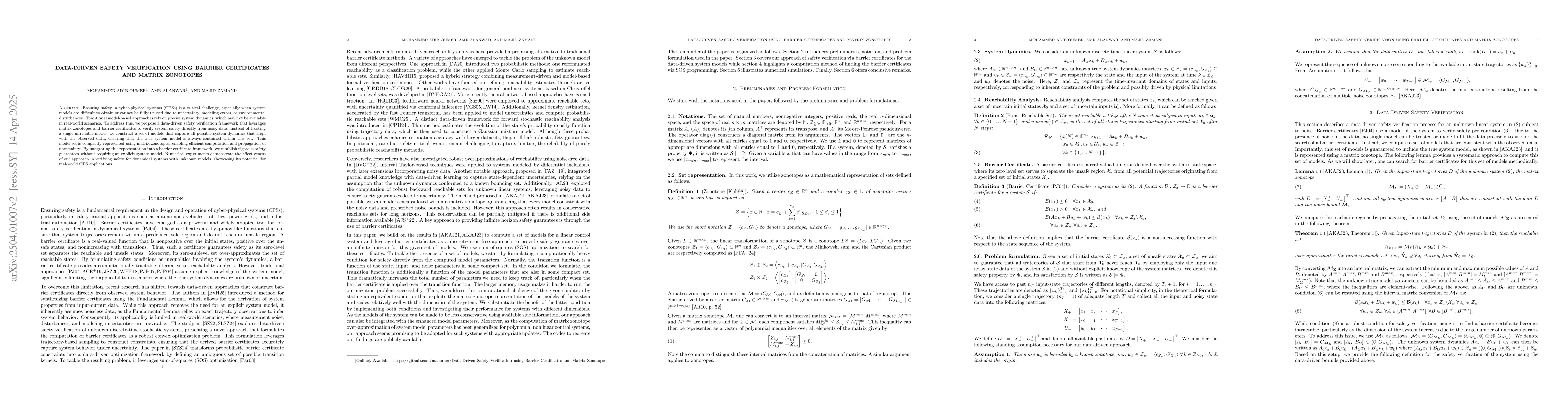 Thumbnail for Data-Driven Safety Verification using Barrier Certificates and Matrix
  Zonotopes