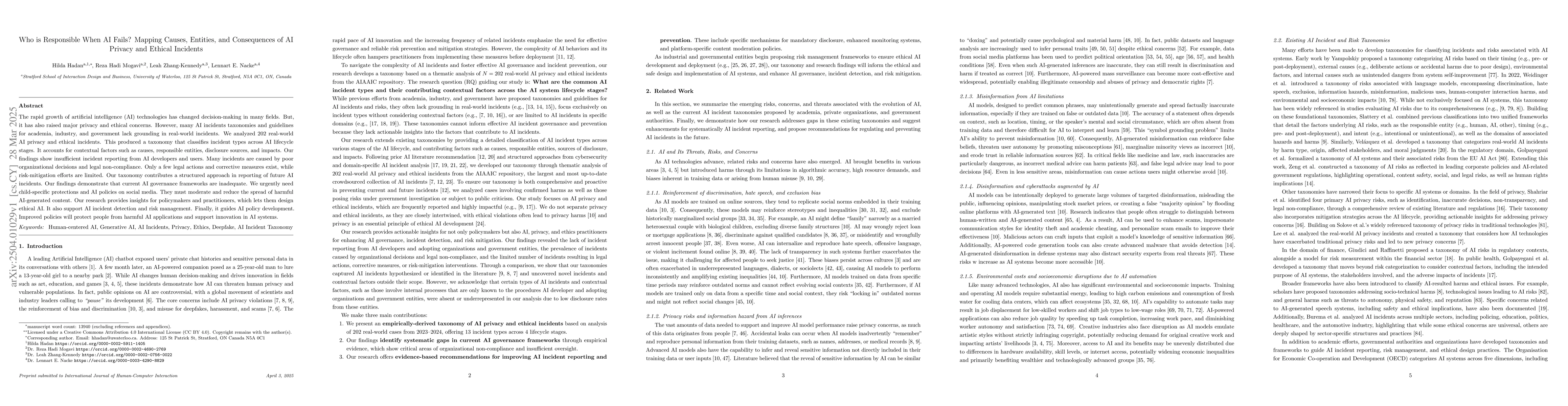 Thumbnail for Who is Responsible When AI Fails? Mapping Causes, Entities, and
  Consequences of AI Privacy and Ethical Incidents