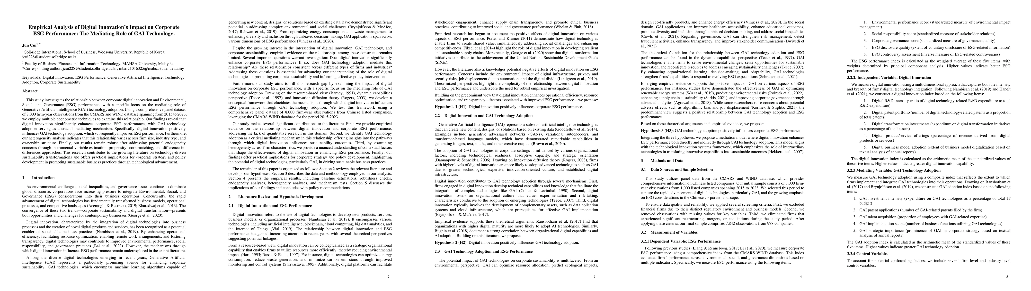 Thumbnail for Empirical Analysis of Digital Innovations Impact on Corporate ESG
  Performance: The Mediating Role of GAI Technology