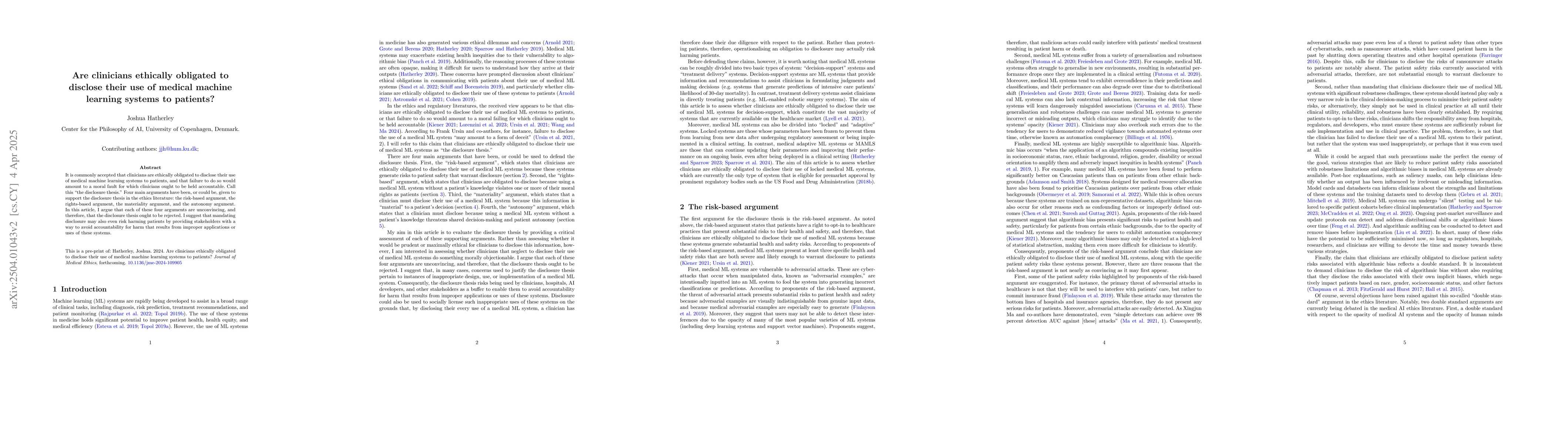 Thumbnail for Are clinicians ethically obligated to disclose their use of medical
  machine learning systems to patients?