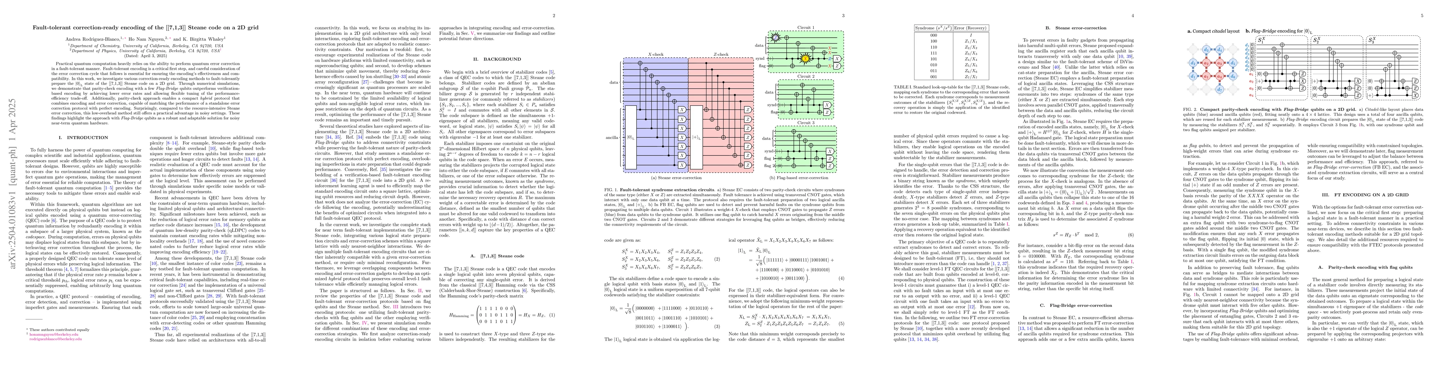 Thumbnail for Fault-tolerant correction-ready encoding of the [[7,1,3]] Steane code on
  a 2D grid