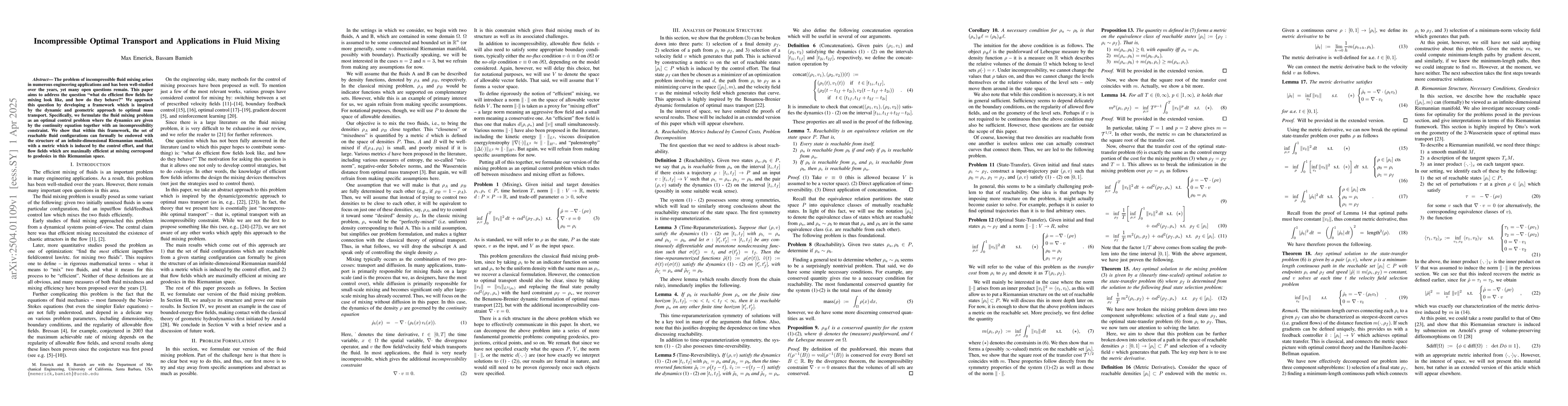 Thumbnail for Incompressible Optimal Transport and Applications in Fluid Mixing