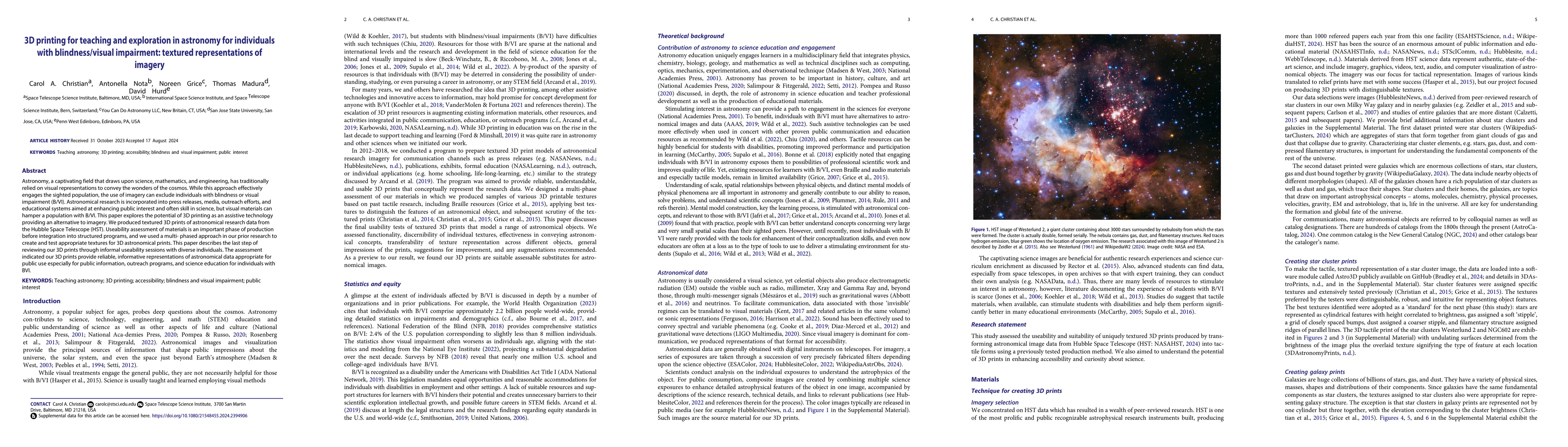 Thumbnail for 3D printing for teaching and exploration in astronomy for individuals
  with blindness/visual impairment: textured representations of imagery