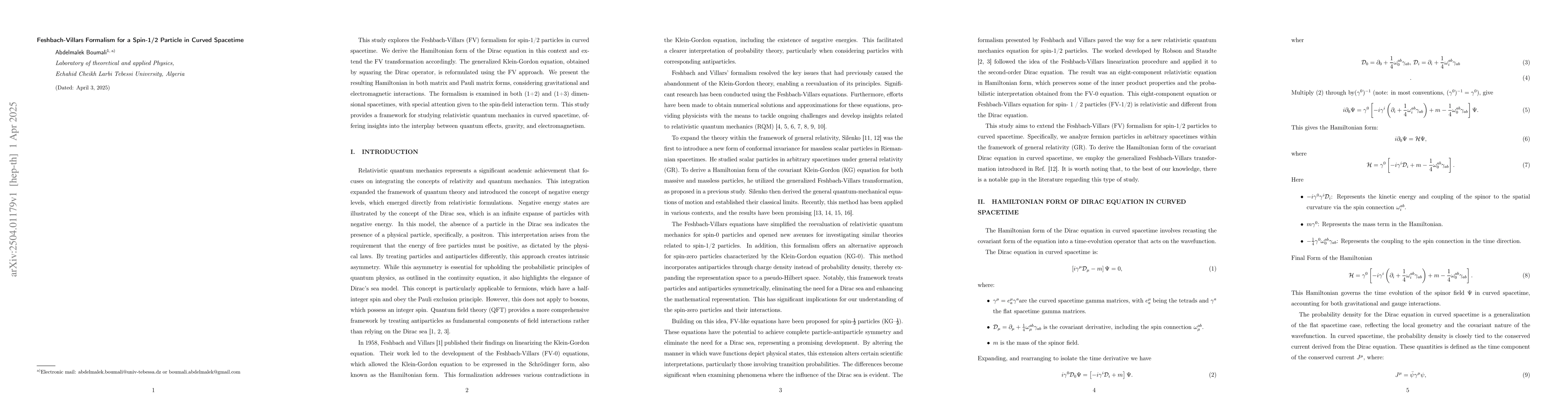 Thumbnail for Feshbach-Villars Formalism for a Spin-1/2 Particle in Curved Spacetime