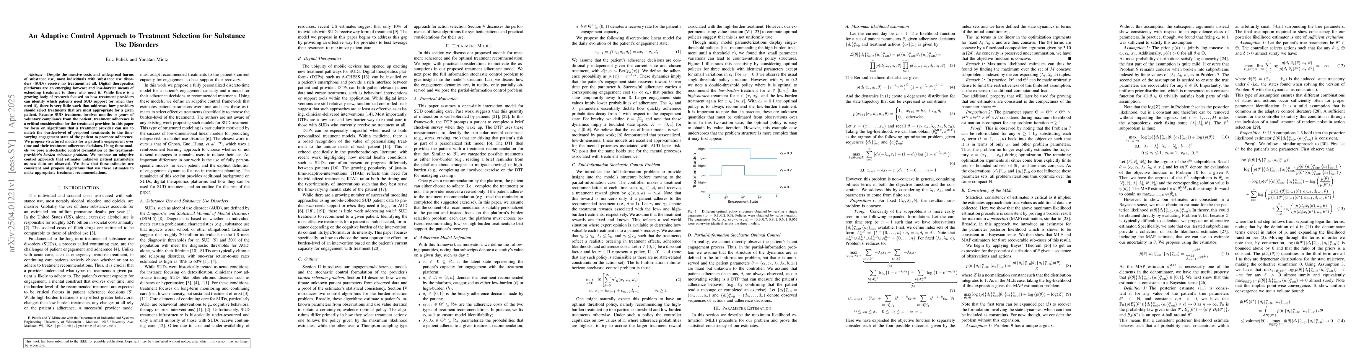 Thumbnail for An Adaptive Control Approach to Treatment Selection for Substance Use
  Disorders
