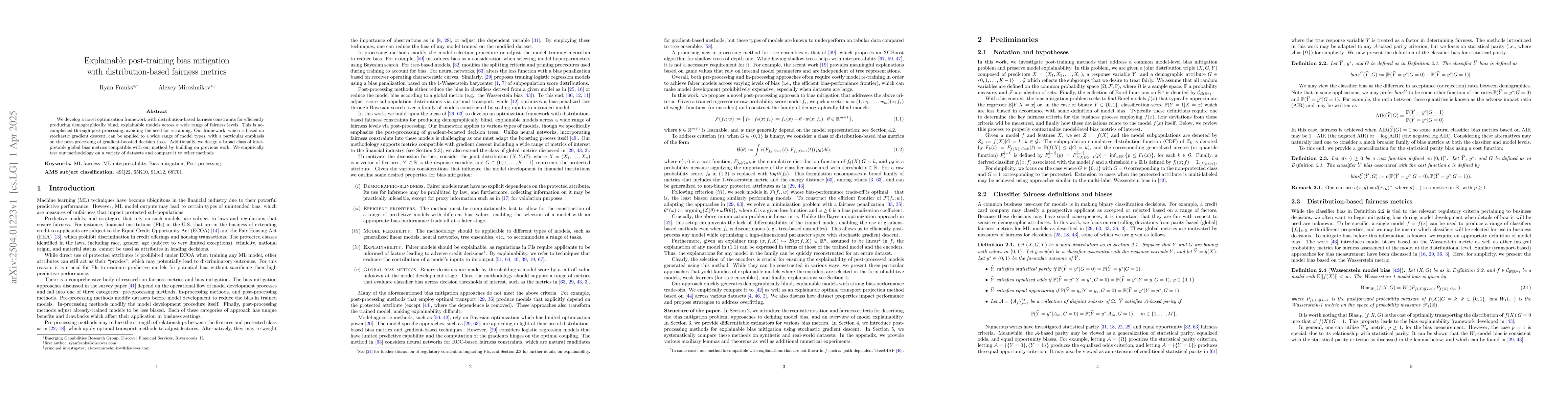 Thumbnail for Explainable post-training bias mitigation with distribution-based
  fairness metrics