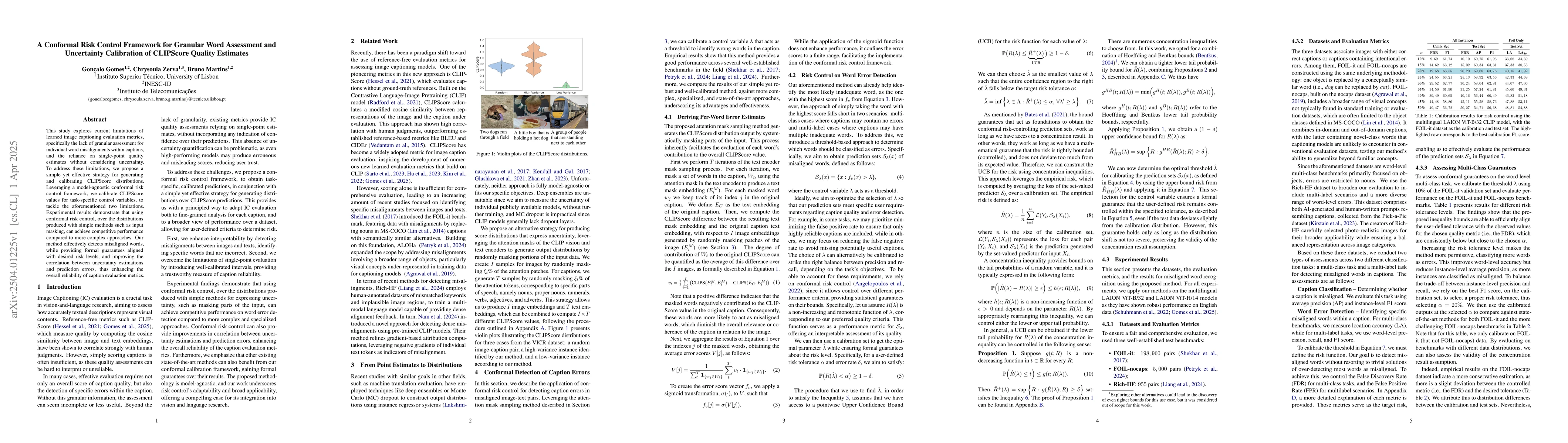 Thumbnail for A Conformal Risk Control Framework for Granular Word Assessment and
  Uncertainty Calibration of CLIPScore Quality Estimates