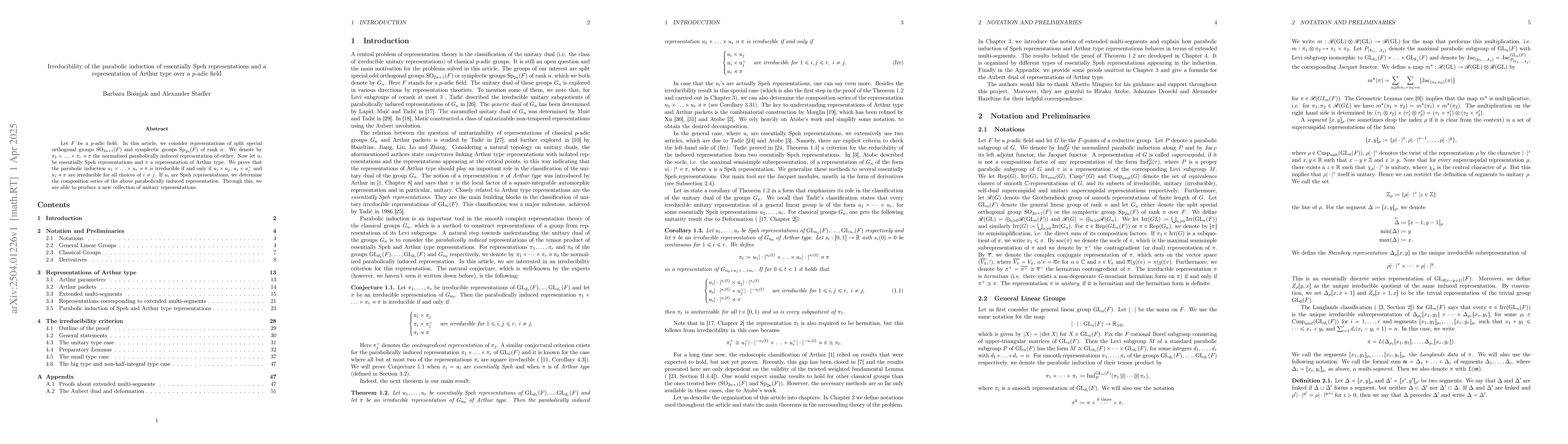 Thumbnail for Irreducibility of the parabolic induction of essentially Speh
  representations and a representation of Arthur type over a p-adic field