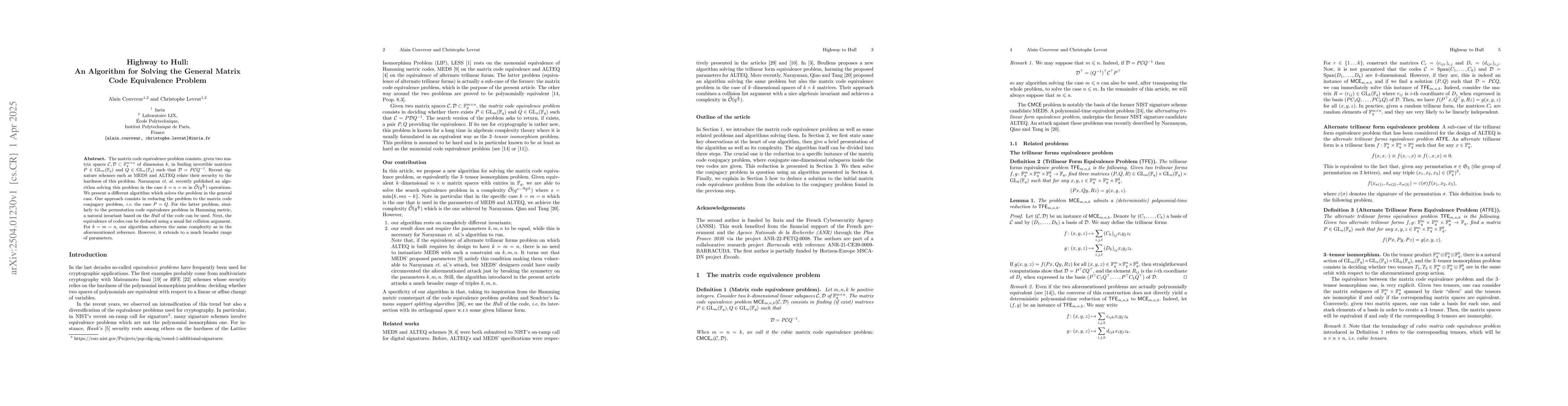 Thumbnail for Highway to Hull: An Algorithm for Solving the General Matrix Code
  Equivalence Problem