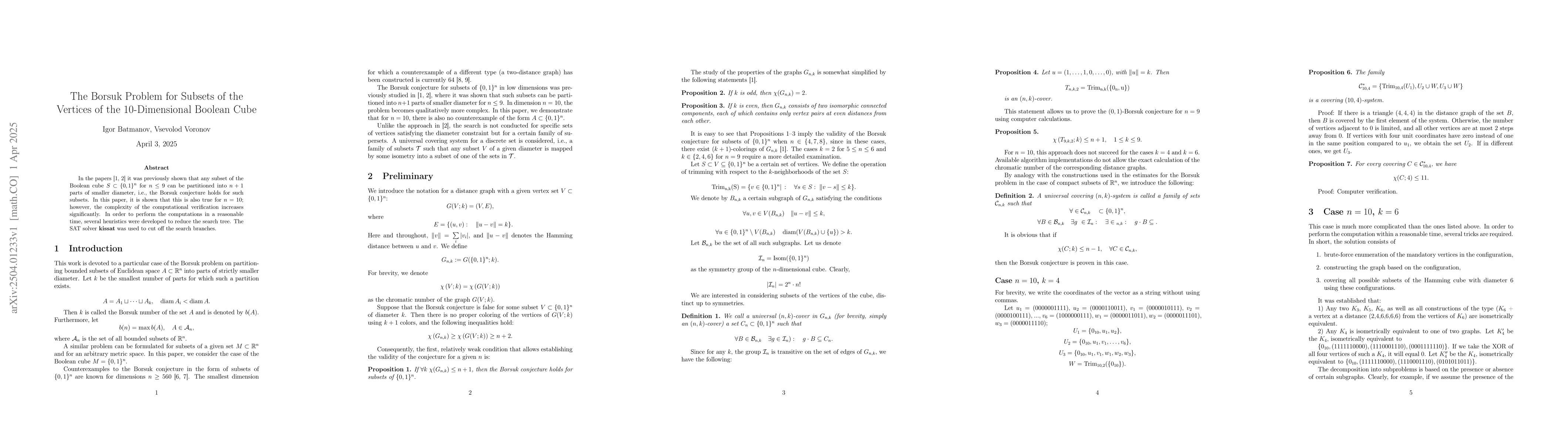Thumbnail for The Borsuk Problem for Subsets of the Vertices of the 10-Dimensional
  Boolean Cube