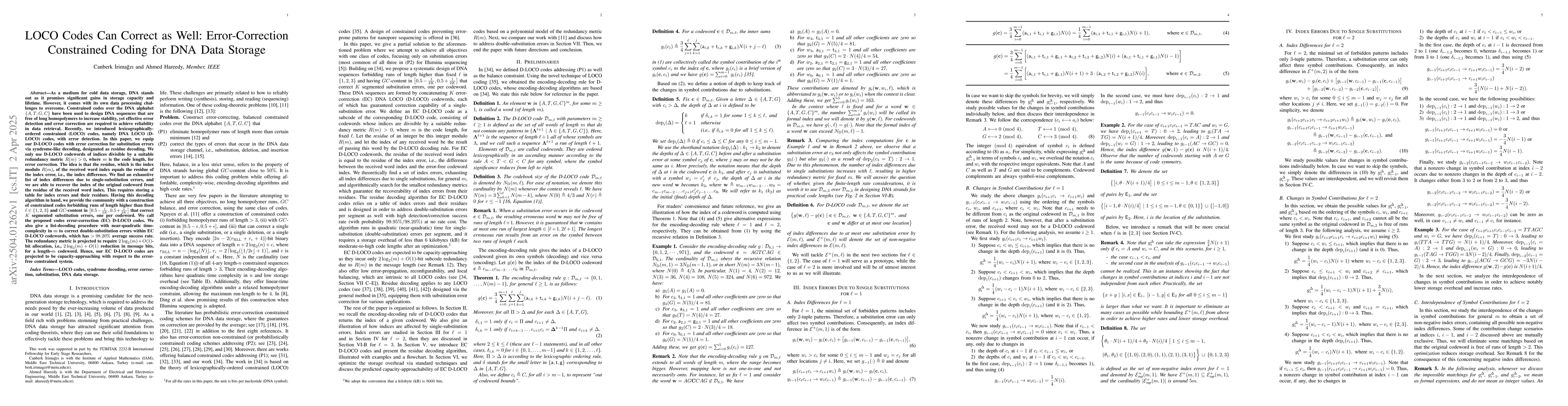 Thumbnail for LOCO Codes Can Correct as Well: Error-Correction Constrained Coding for
  DNA Data Storage