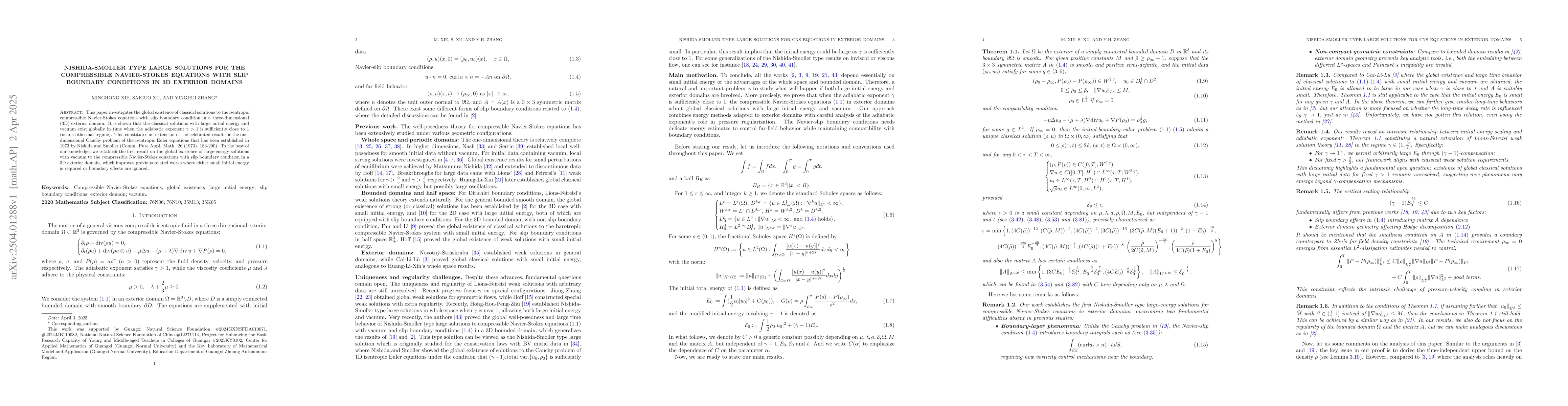 Thumbnail for Nishida-Smoller type large solutions for the compressible Navier-Stokes
  equations with slip boundary conditions in 3D exterior domains