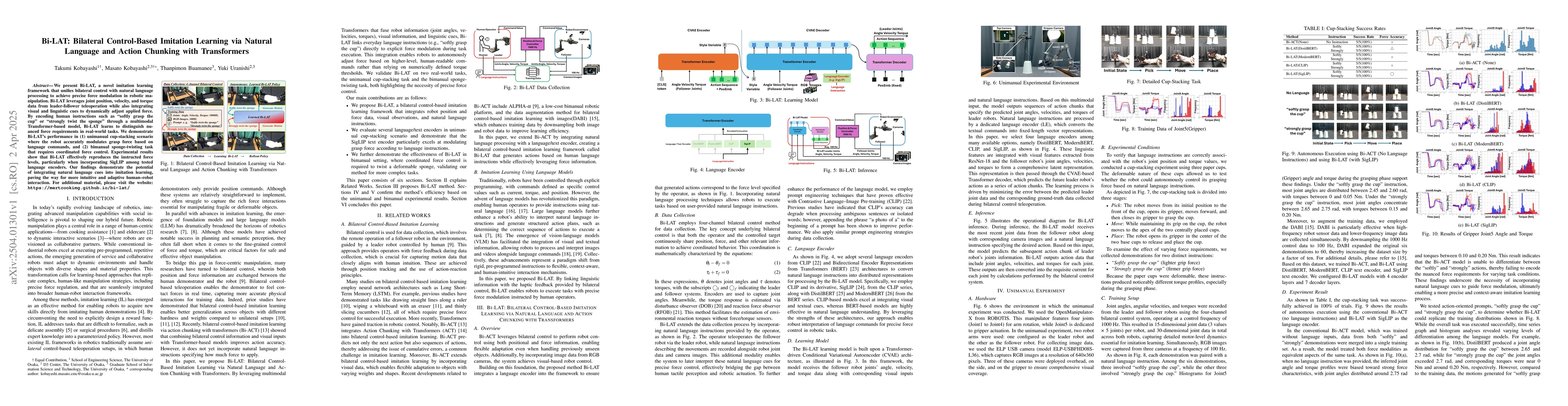 Thumbnail for Bi-LAT: Bilateral Control-Based Imitation Learning via Natural Language
  and Action Chunking with Transformers
