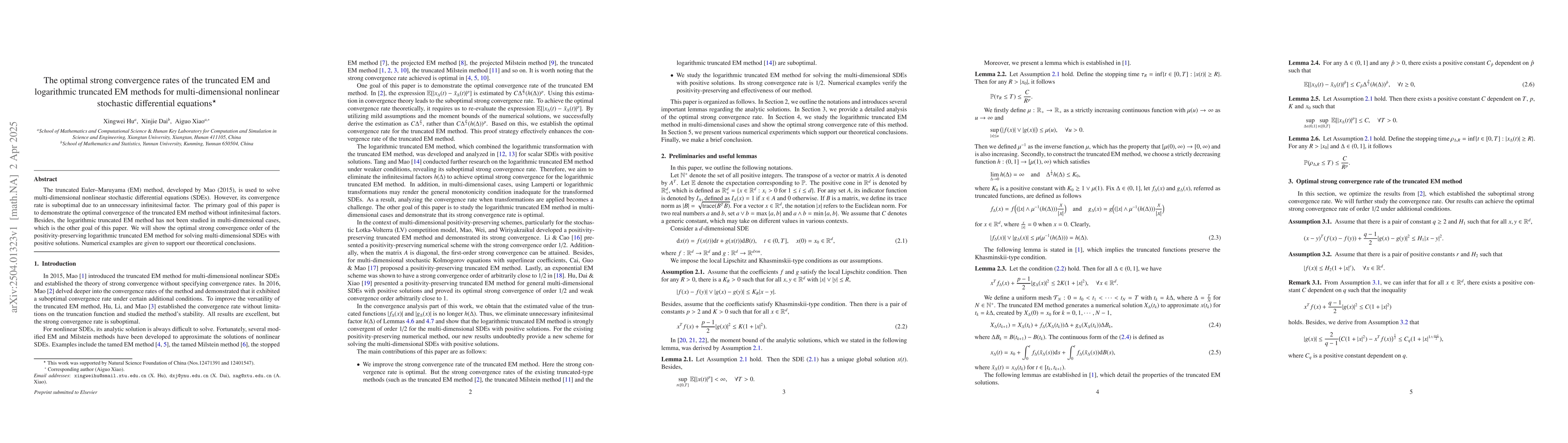Thumbnail for The optimal strong convergence rates of the truncated EM and logarithmic
  truncated EM methods for multi-dimensional nonlinear stochastic differential
  equations