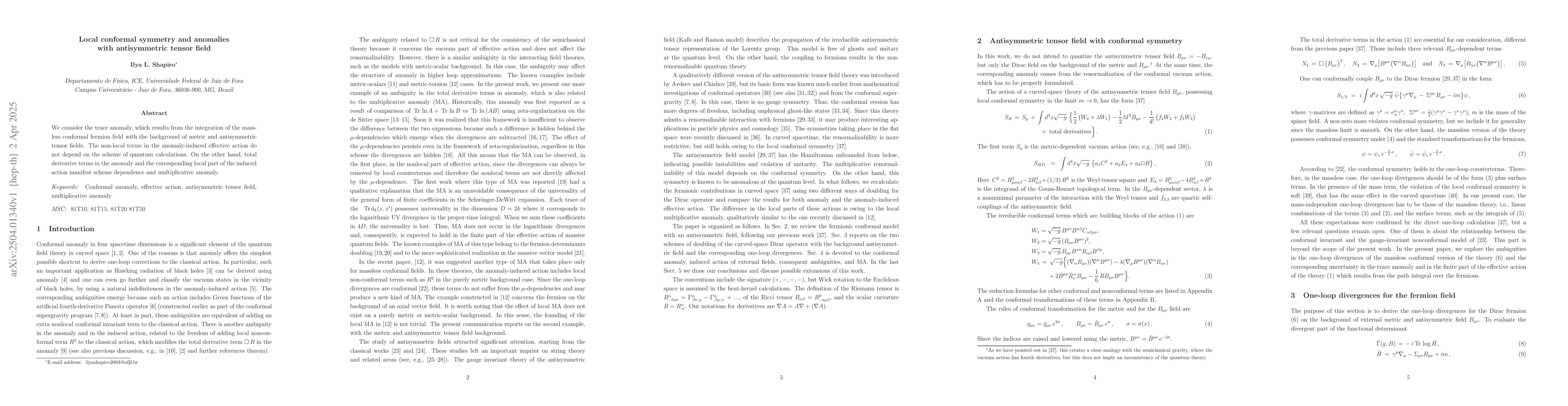 Thumbnail for Local conformal symmetry and anomalies with antisymmetric tensor field