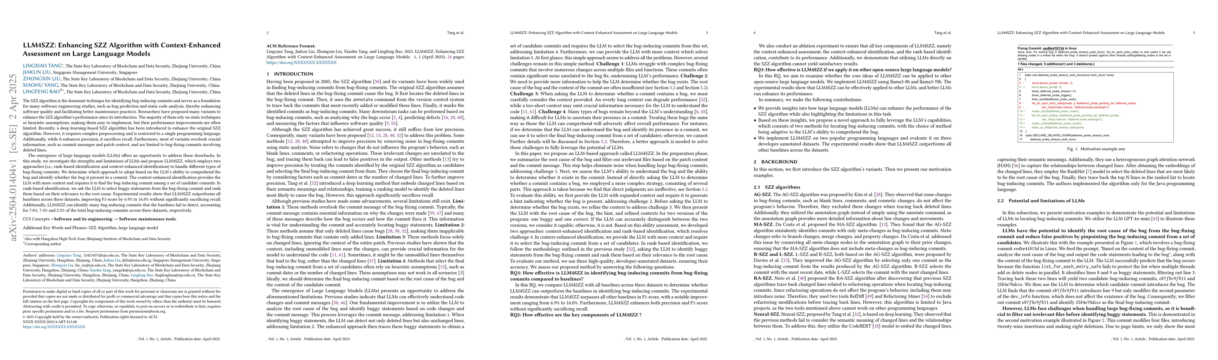 Thumbnail for LLM4SZZ: Enhancing SZZ Algorithm with Context-Enhanced Assessment on
  Large Language Models