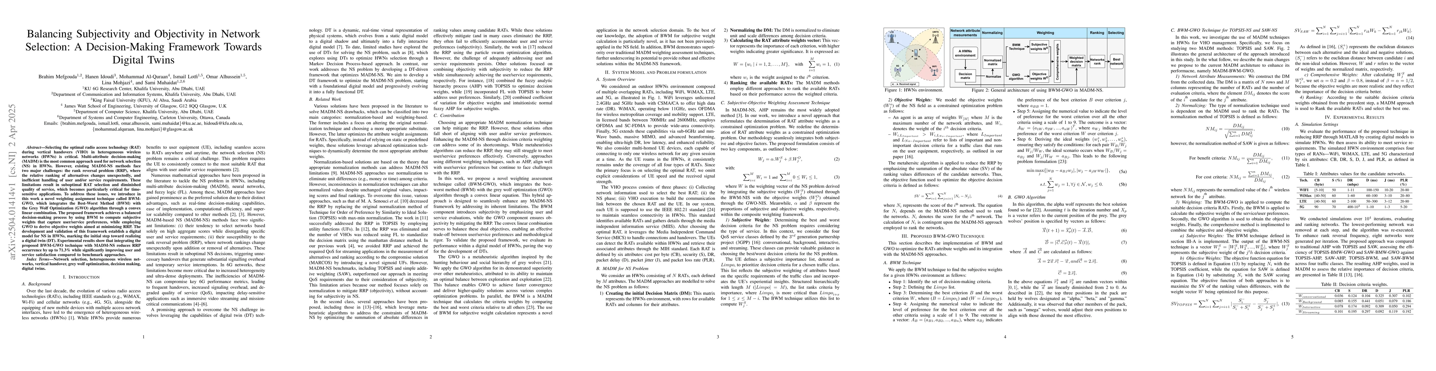 Thumbnail for Balancing Subjectivity and Objectivity in Network Selection: A
  Decision-Making Framework Towards Digital Twins
