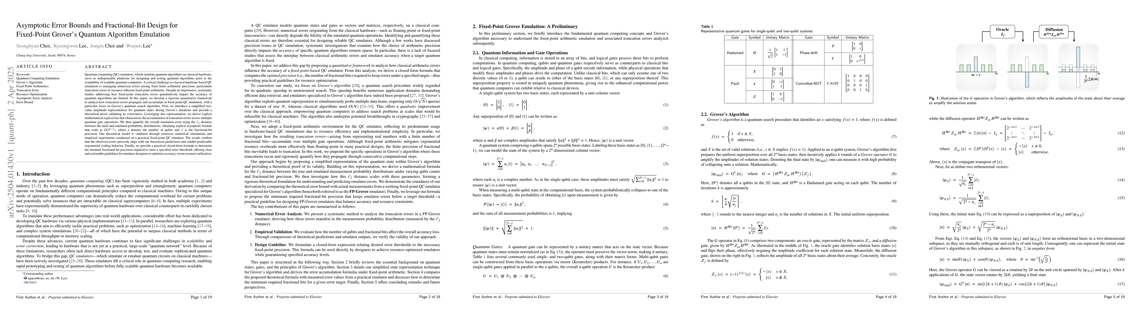 Thumbnail for Asymptotic Error Bounds and Fractional-Bit Design for Fixed-Point
  Grover's Quantum Algorithm Emulation