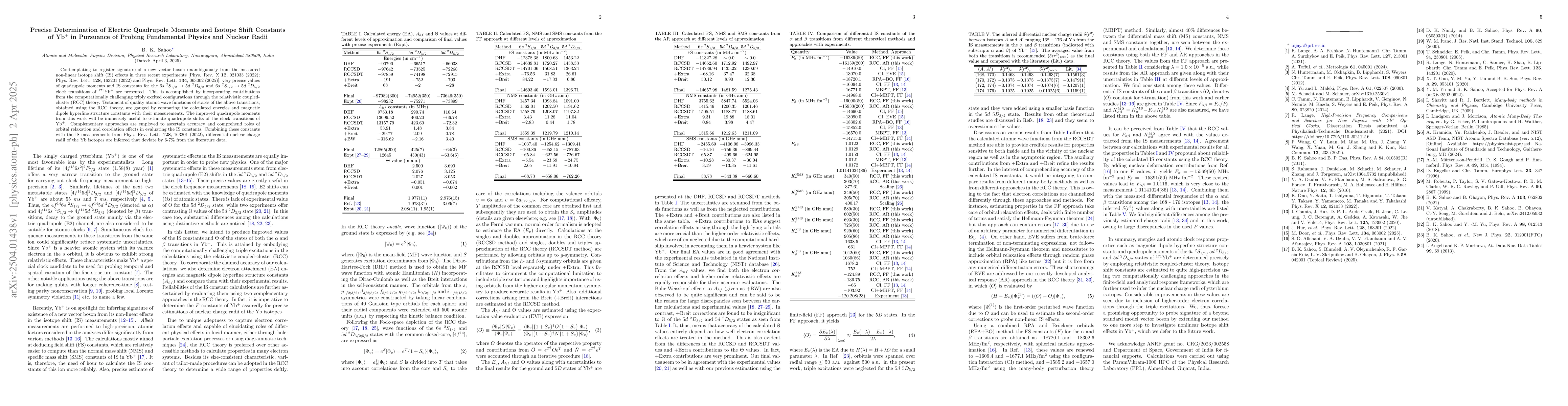 Thumbnail for Precise Determination of Electric Quadrupole Moments and Isotope Shift
  Constants of Yb$^+$ in Pursuance of Probing Fundamental Physics and Nuclear
  Radii