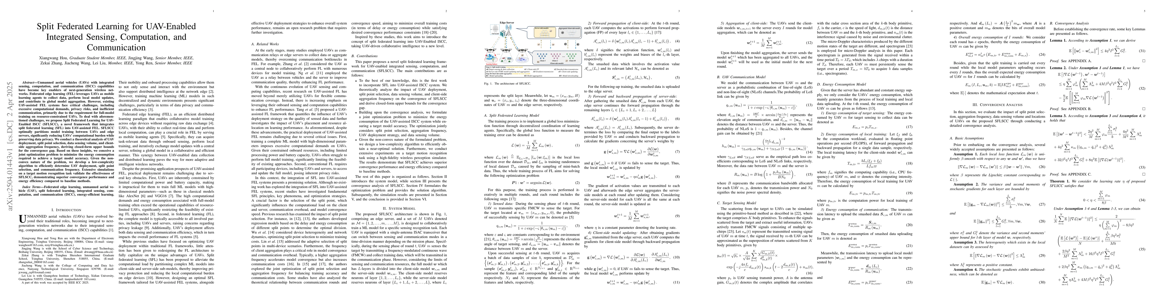 Thumbnail for Split Federated Learning for UAV-Enabled Integrated Sensing,
  Computation, and Communication