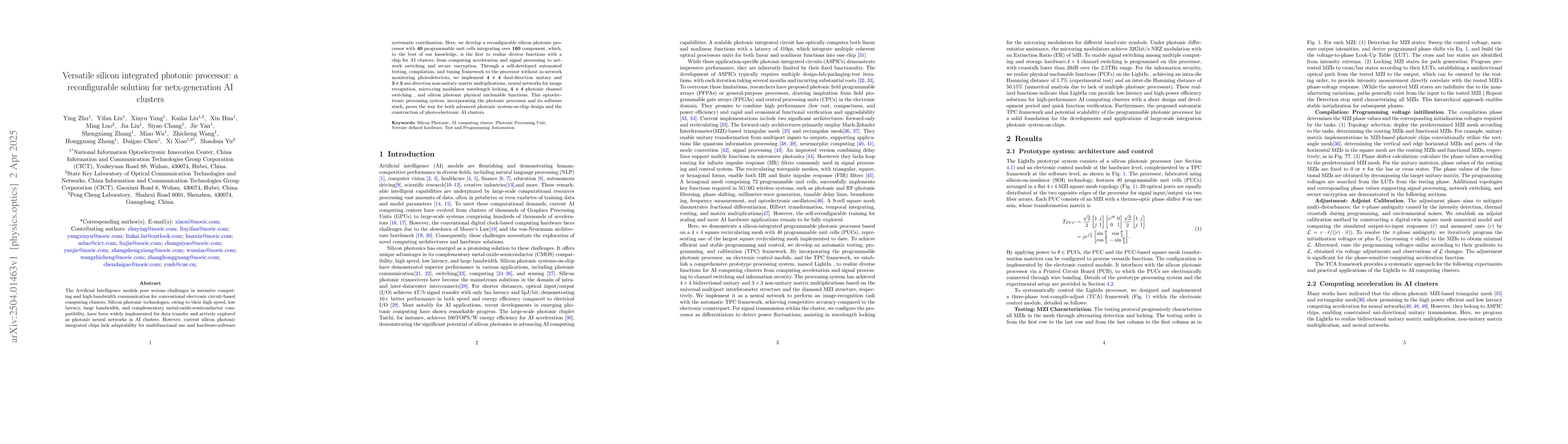 Thumbnail for Versatile silicon integrated photonic processor: a reconfigurable
  solution for netx-generation AI clusters