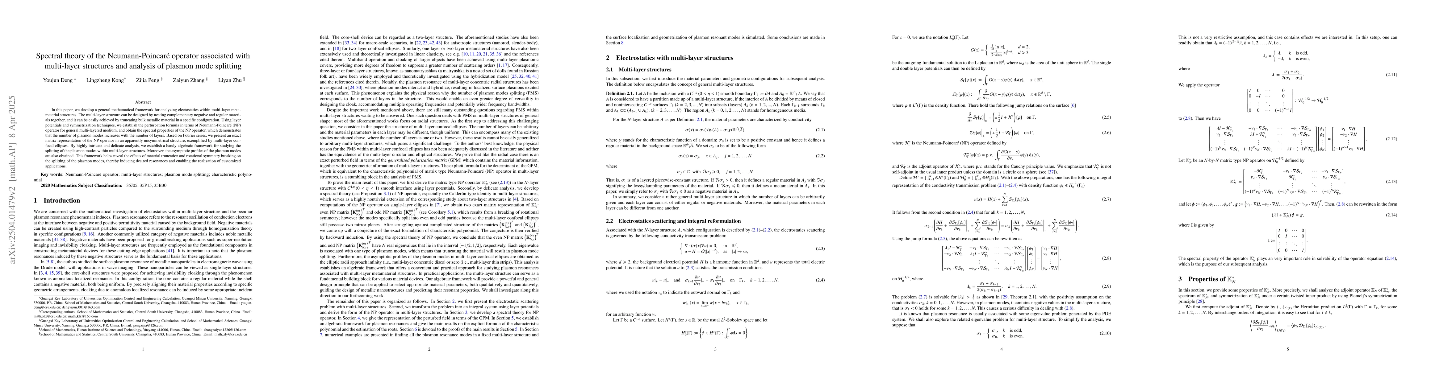 Thumbnail for Spectral theory of the Neumann-Poincaré operator associated with
  multi-layer structures and analysis of plasmon mode splitting