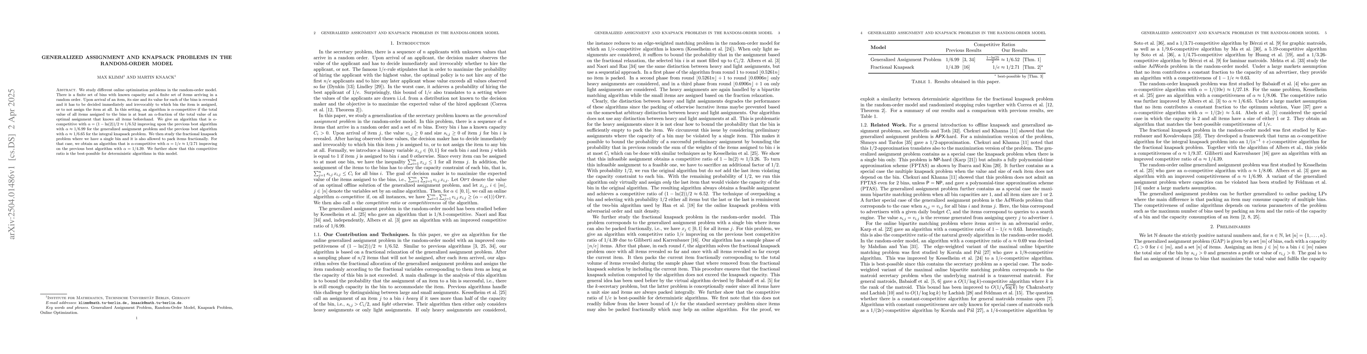 Thumbnail for Generalized Assignment and Knapsack Problems in the Random-Order Model