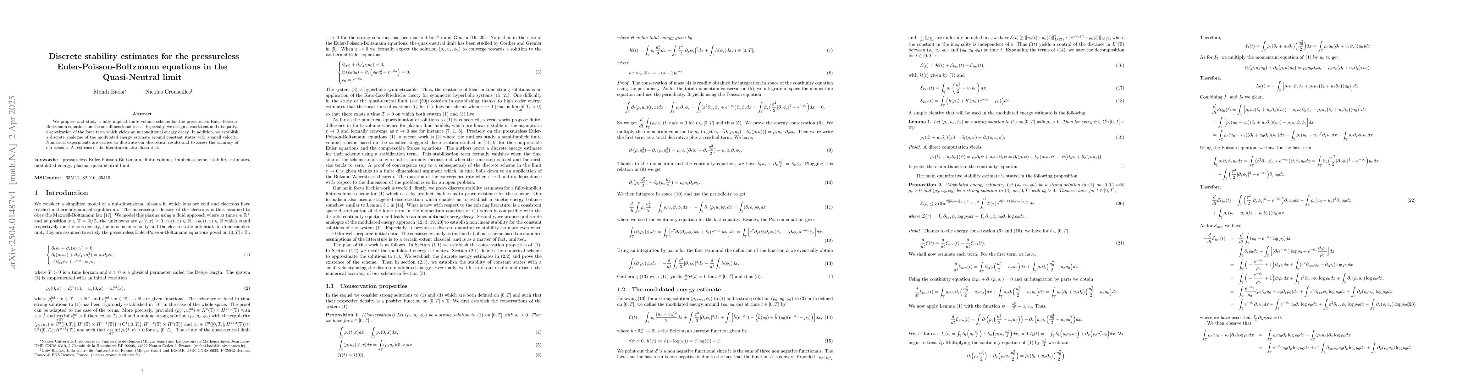 Thumbnail for Discrete stability estimates for the pressureless
  Euler-Poisson-Boltzmann equations in the Quasi-Neutral limit
