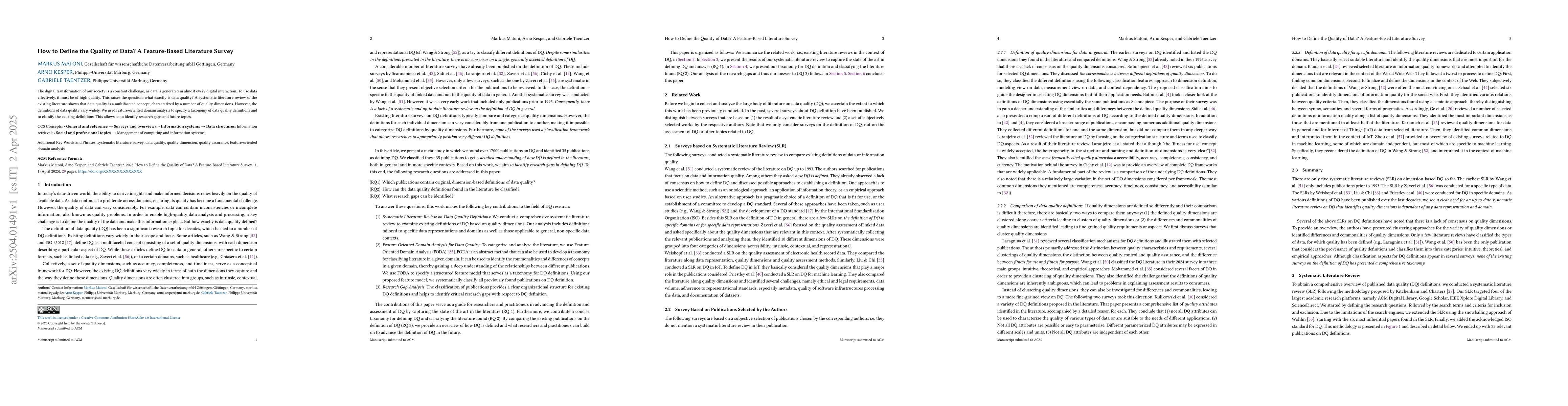 Thumbnail for How to Define the Quality of Data? A Feature-Based Literature Survey