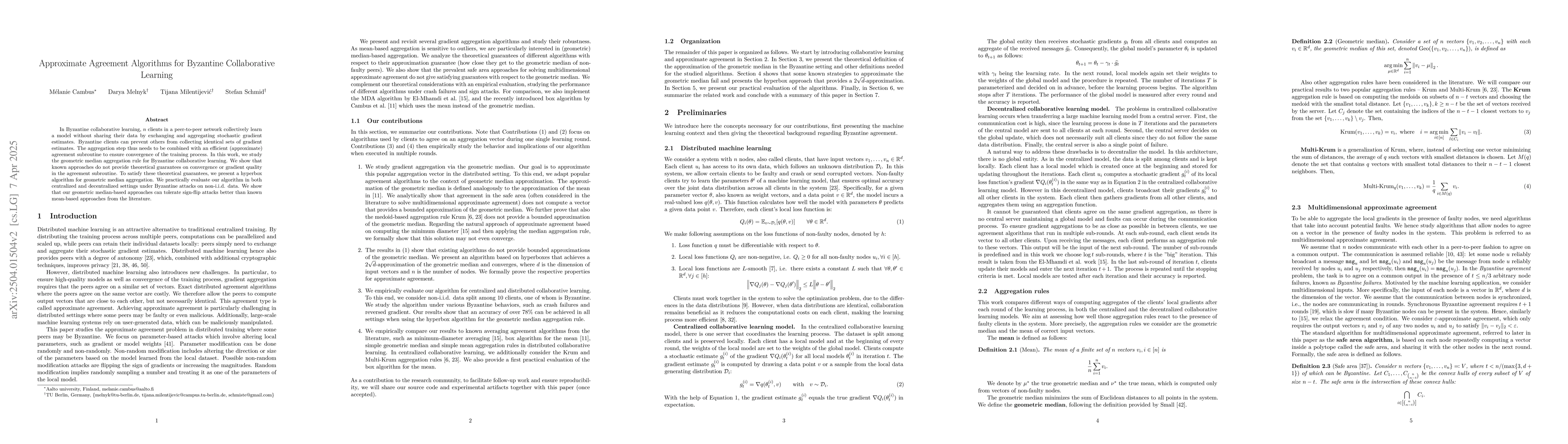 Thumbnail for Approximate Agreement Algorithms for Byzantine Collaborative Learning